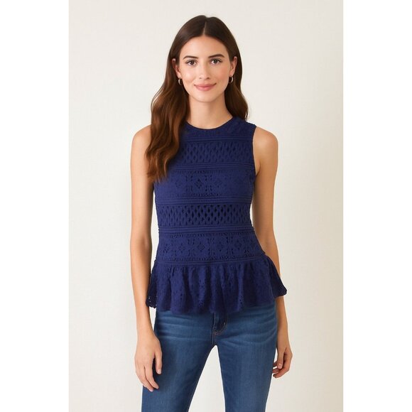 Paris Sunday Navy Lace Ruffle Hem Tank Top | High Neck Keyhole Back | Women’s La - Picture 1 of 9